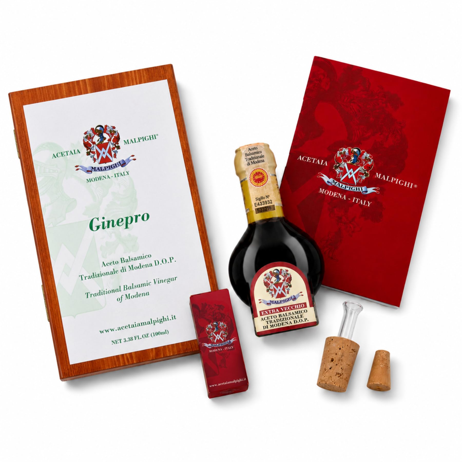Acetaia Malpighi – Traditioneller Balsamico-Essig aus Modena DOP Extravecchio mit Wacholder – 100 ml – Nur gekochter Most – mit Rezeptbuch und Dosierverschluss