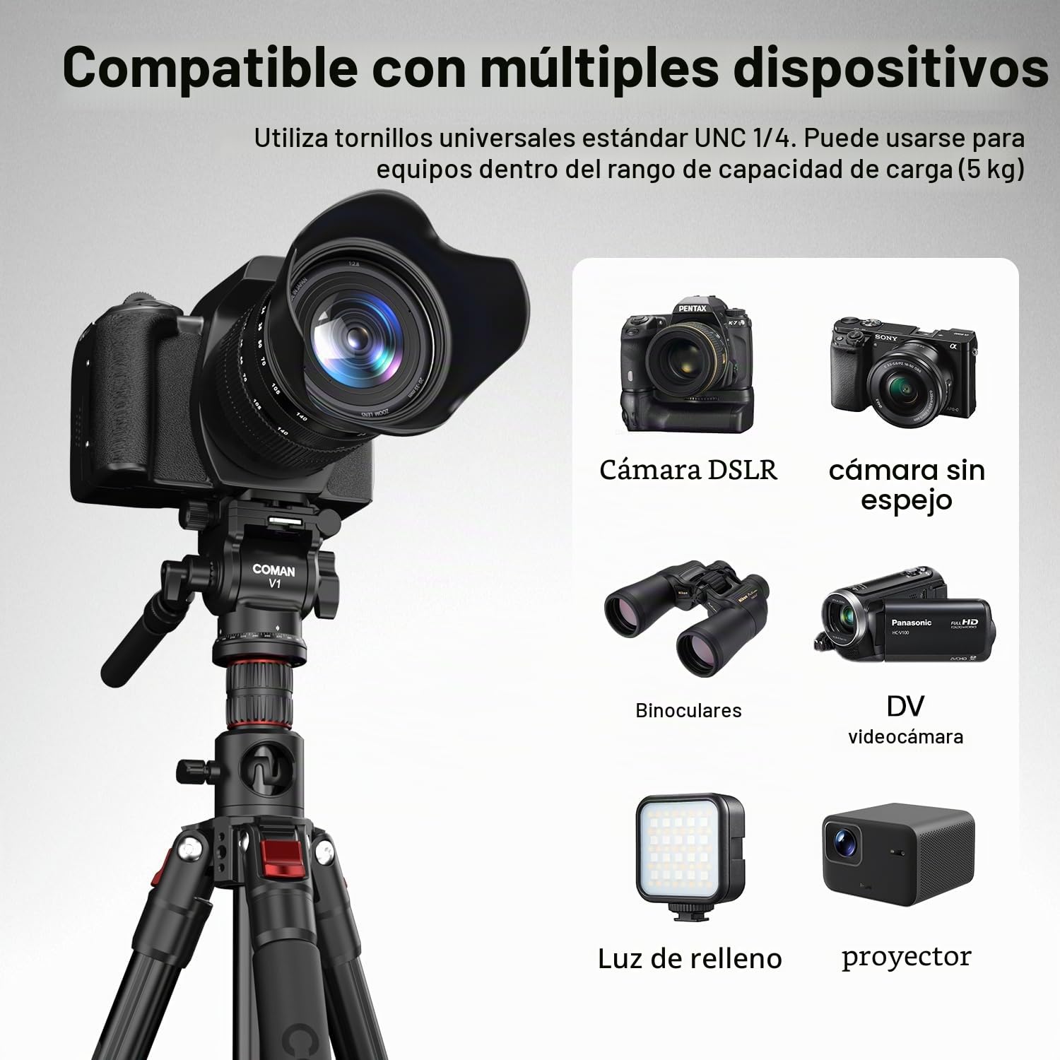 COMAN Trípode para Cámara Horizontal 181cm con Cabezal Hidráulico, Placa de Liberación Rápida y Monópode Desmontable, Adecuado para Cámaras SLR, Videocámaras Portátiles y Visores (KX3939MINI-V1)