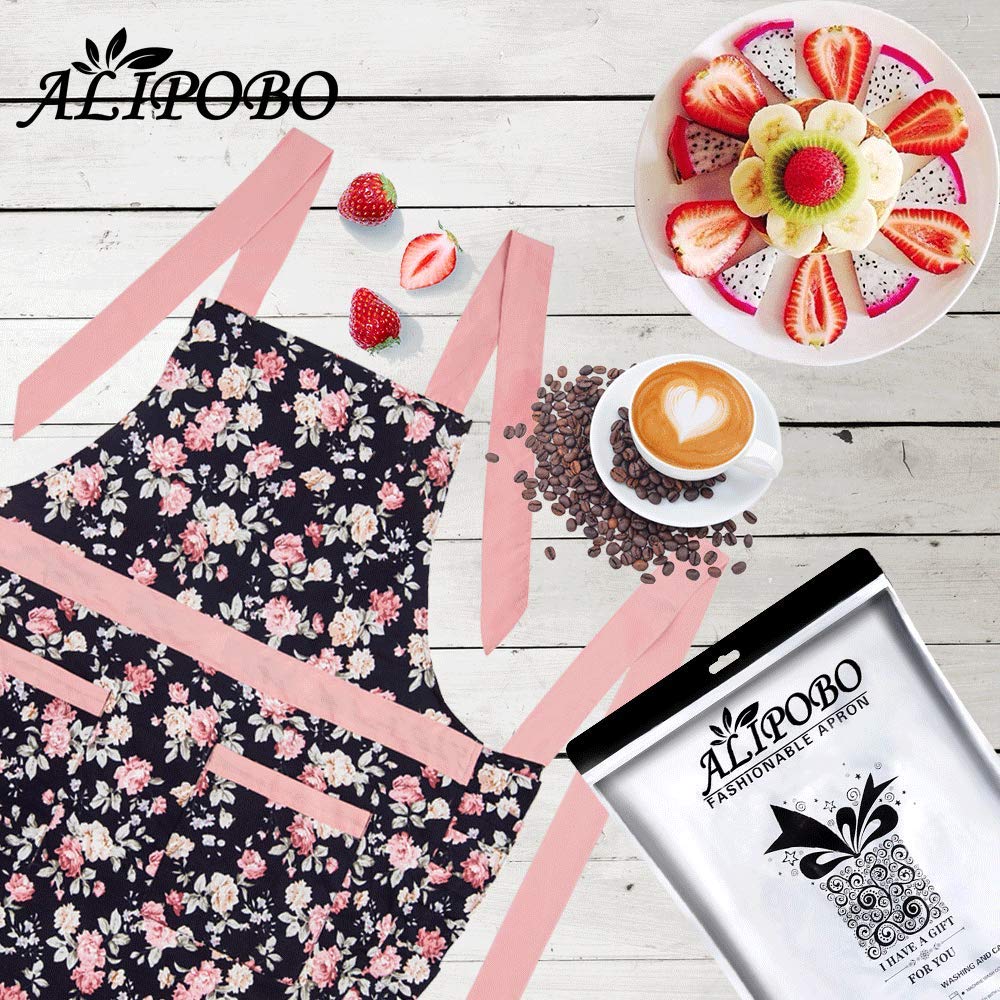 Bonito delantal de algodón para mujer, con correa ajustable para el cuello, 2 bolsillos y lazos de 41.5 pulgadas de largo, bonito delantal para cocina y repostería en casa, 30 x 27 pulgadas, 1