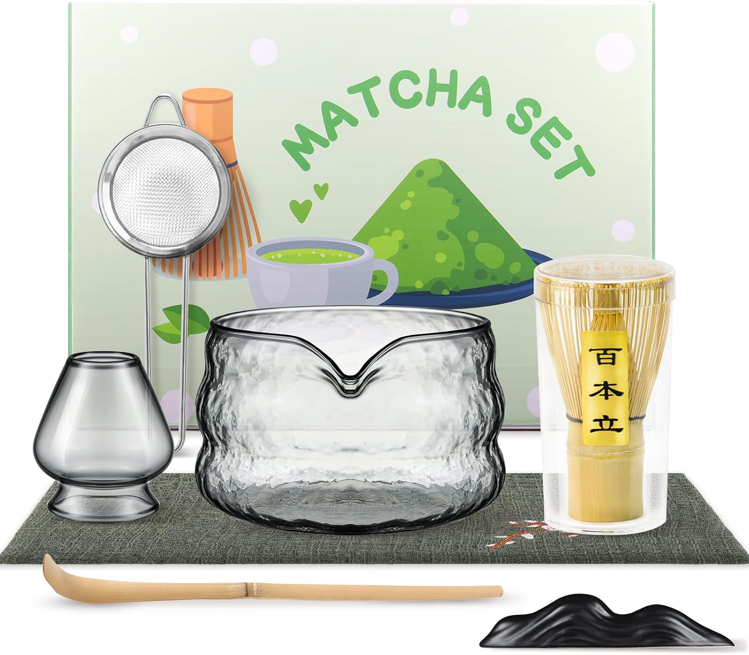 OUTXE Matcha Whisk Set, 7 PCS Matcha Kit for Ceremony, with Clear Matcha Bowl, Spout, Bamboo Whisk& Holder, Stainless Steel Sifter, Japanese Ceremonial Gift for Family/Friend/Macha Lover Starter