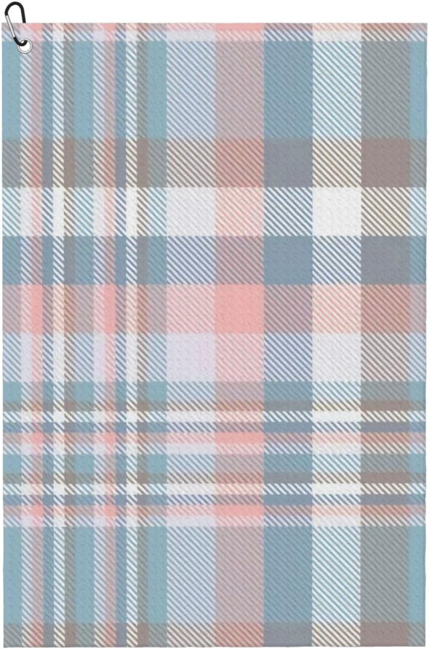 Plaid-in-Pastel-Blue-Pink-Taupe-and-White Microfiber Golf Towel with Carabiner Clip, 16x24 Inch Absorbent Waffle Weave Towel for Golf Bags