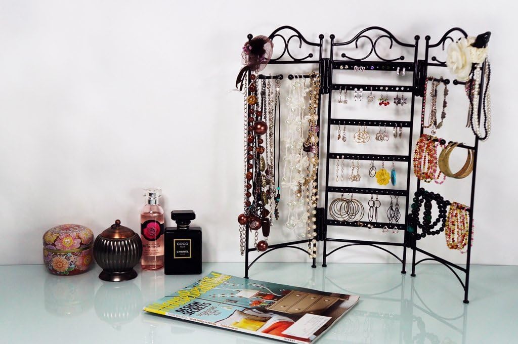 Mango Steam 3-Panel Jewelry Organizer Stand for Hanging Earrings, Bracelets, & Necklaces - Tall Version, Black