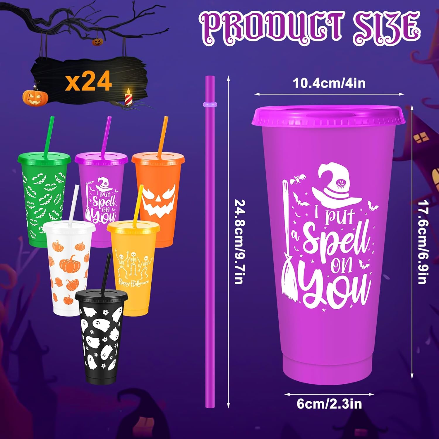 Yoiemivy 24 Pack Halloween Plastic Cups Bulk 24 oz Reusable Halloween Party Cups Cute Ghost Tumblers with Lids and Straws for Party Drinkware Supplies - Image 2
