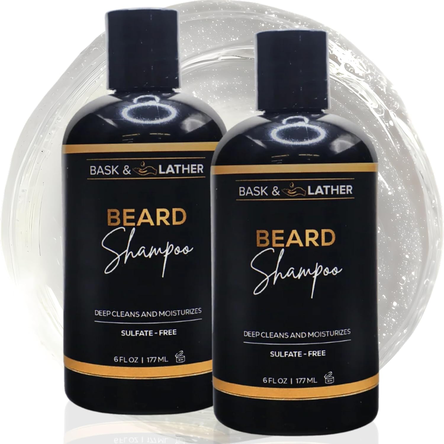 BASK & LATHER Beard Shampoo for Men, Beard Wash Gently Deep Cleans and Removes Buildup for All Hair Types, Conditioning & Hydrating Beard Care with Natural Ingredients, Sulfate Free, 6 fl oz, 2PK