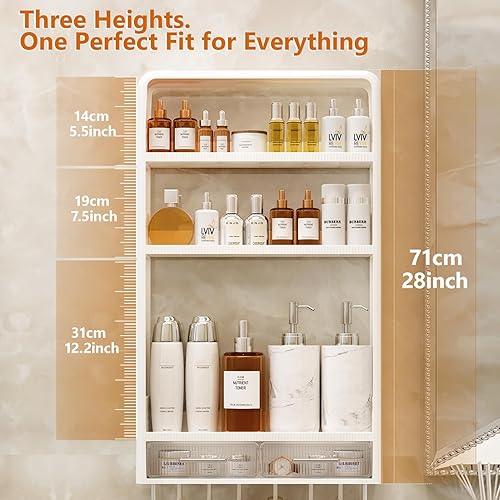 Miniatura 2 de Estantes de baño organizadores y almacenamiento  Estante adhesivo montado en la pared sin taladrar estante con cajones y ganchos para tocador