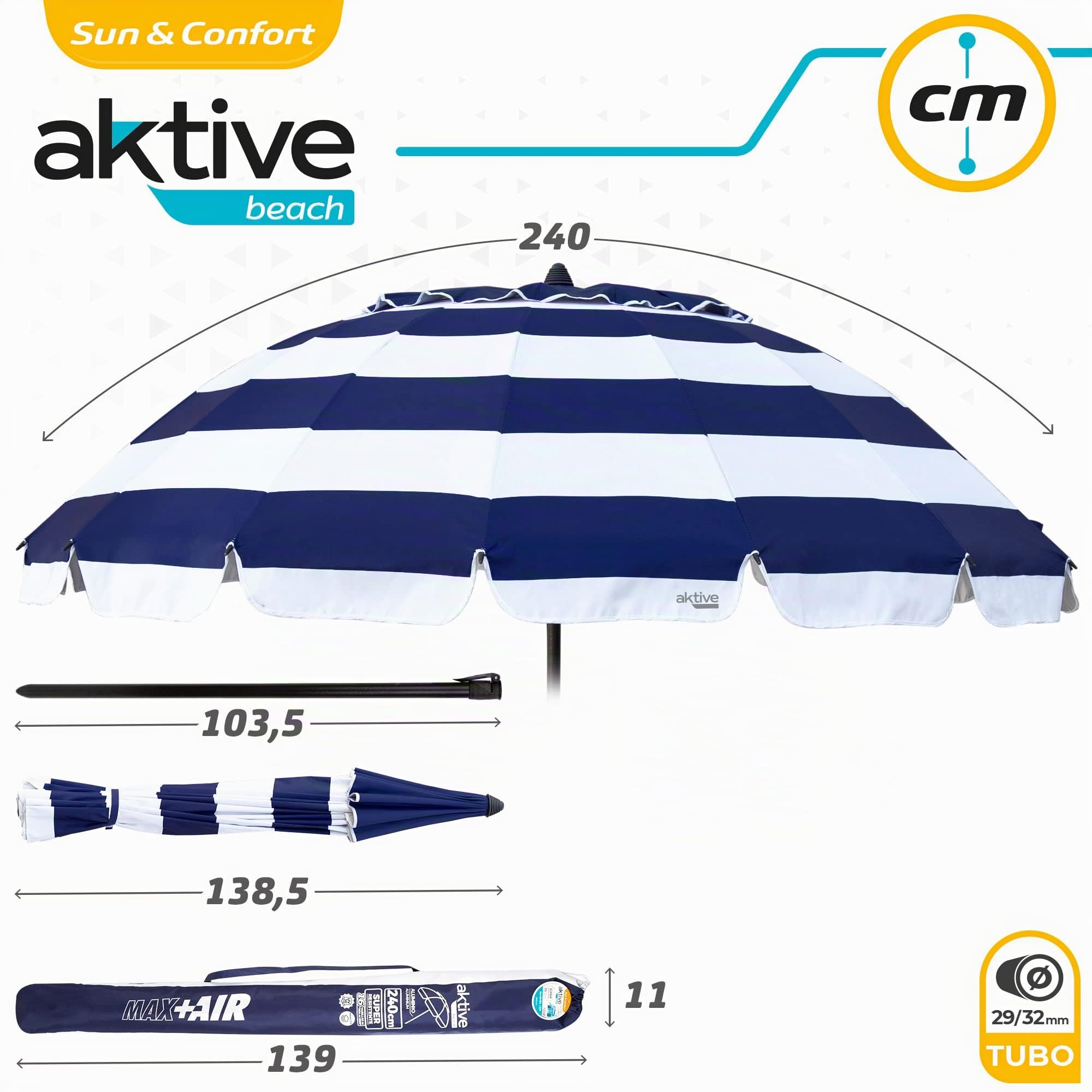 AKTIVE 62247 | Ombrellone da spiaggia antivento con protezione UV50 | Ombrellone da spiaggia Ø240 con altezza regolabile e asta inclinabile | Ultra antivento | Include borsa per un facile trasporto