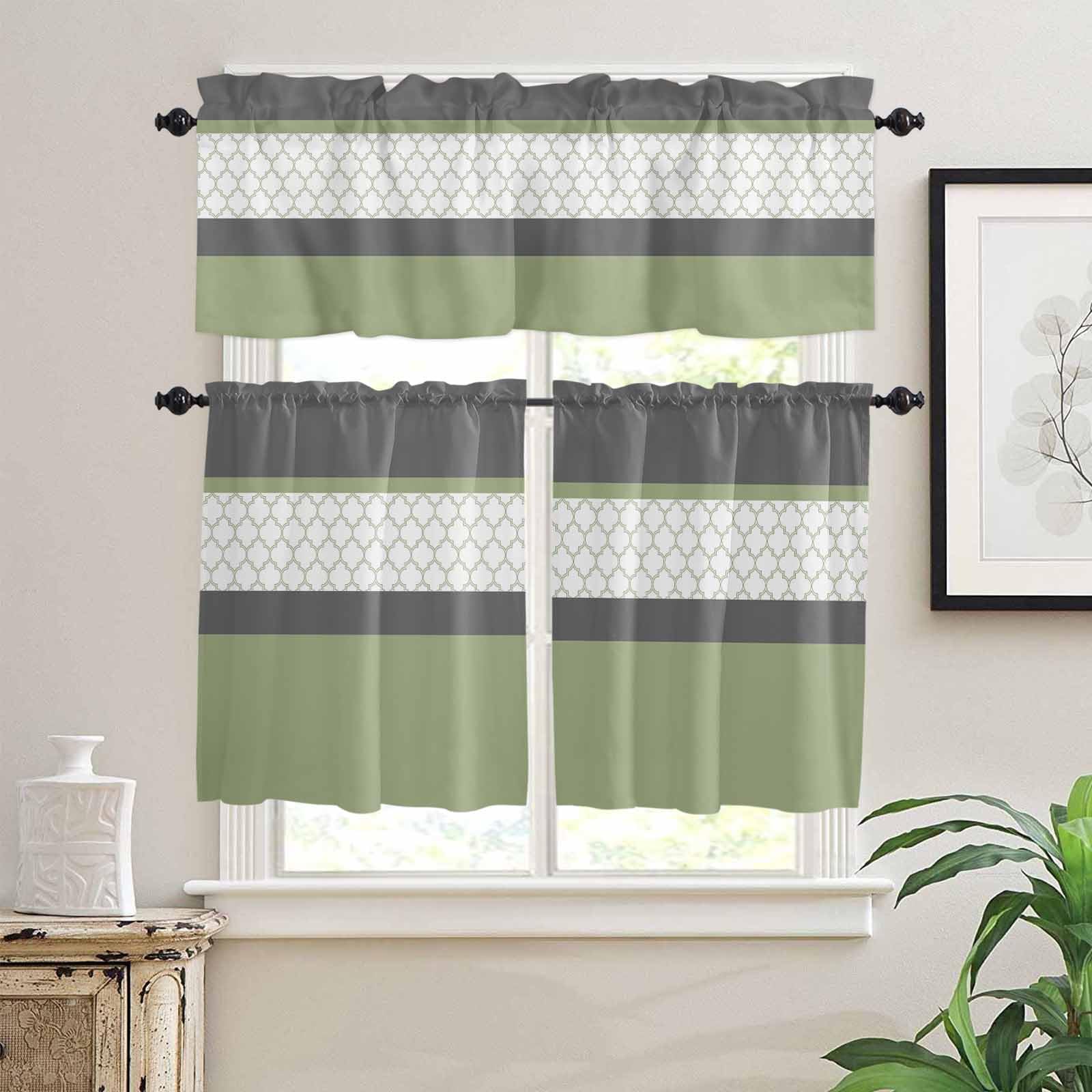 Sage Green Morocco Kitchen Curtains 36 Inch Length,3 Piece Rod Pocket Small Half Tiers and Valance Set,Modern Stitching Geometric Striped Grey Small Large Window Treatment Decor for Bedroom/Bathroom