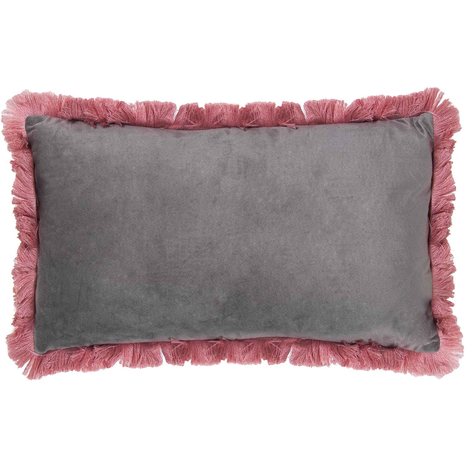 Coussin rectangulaire velours gris franges roses 50x30 déhoussable