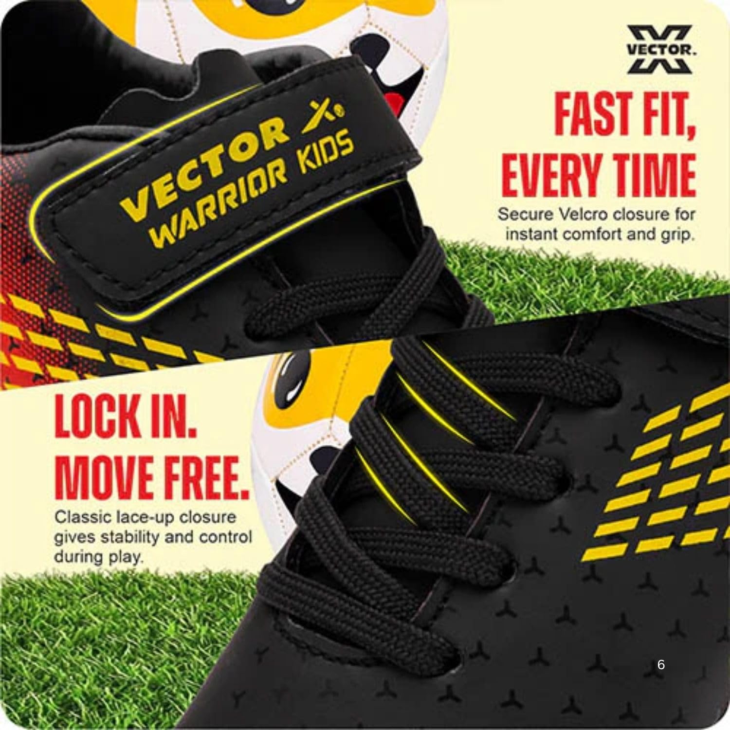 Vector X Kids Warrior Futsal shoe|Football Studs|Turf Soccer Shoes|Lightweight Synthetic Upper+ Rubber Outsole, Velcro Closure, Velcro Closure|Practice & Training Footwear Sports Boots for Boys (Black-Red, 1 UK) 4