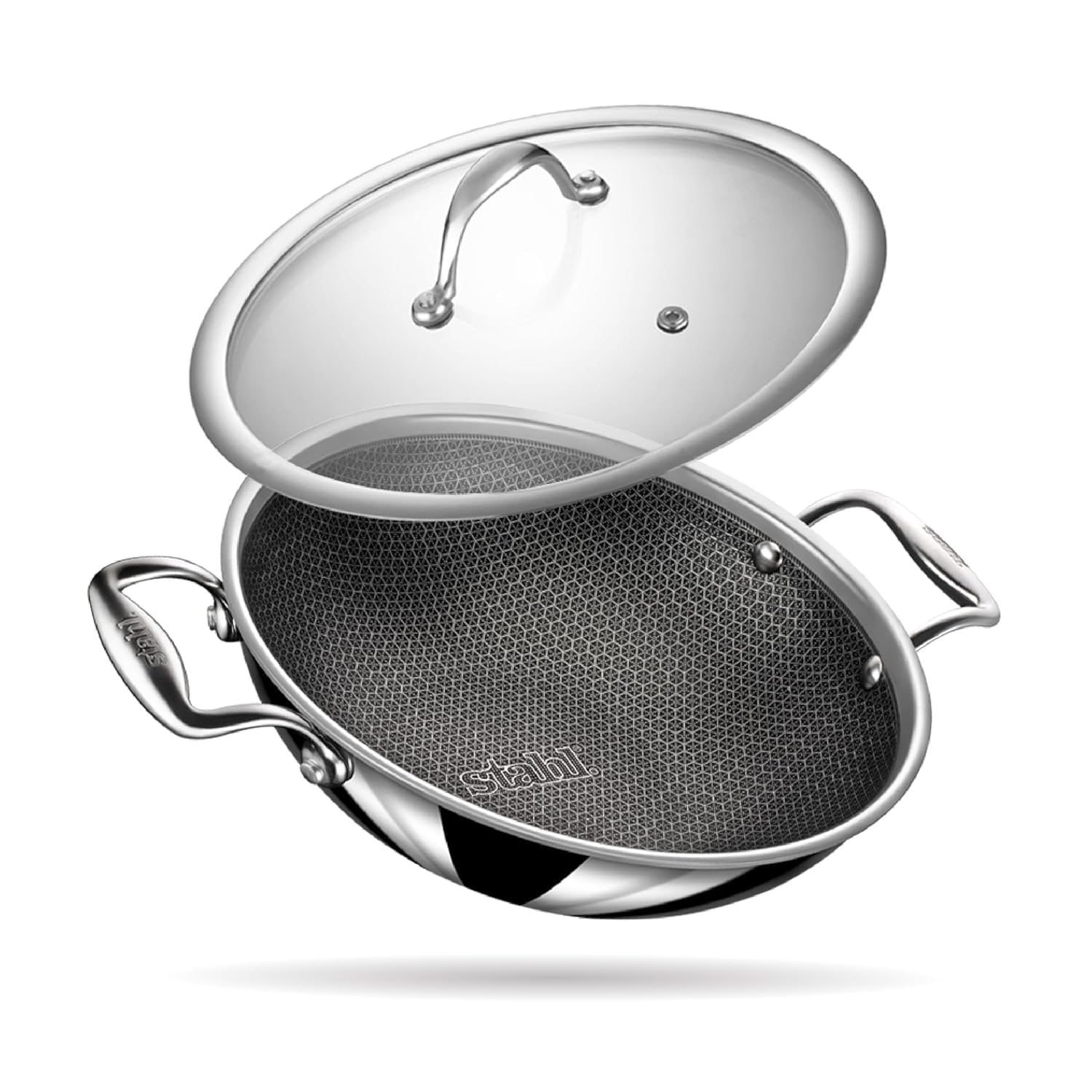Stahl Triply Non Stick Kadai with Lid | Stainless Steel Kadai with Induction Base | Tri Ply Kadhai Scratch Resistant | Hybrid 6324, Dia 24cm, 2.4L (Serves 4 People)