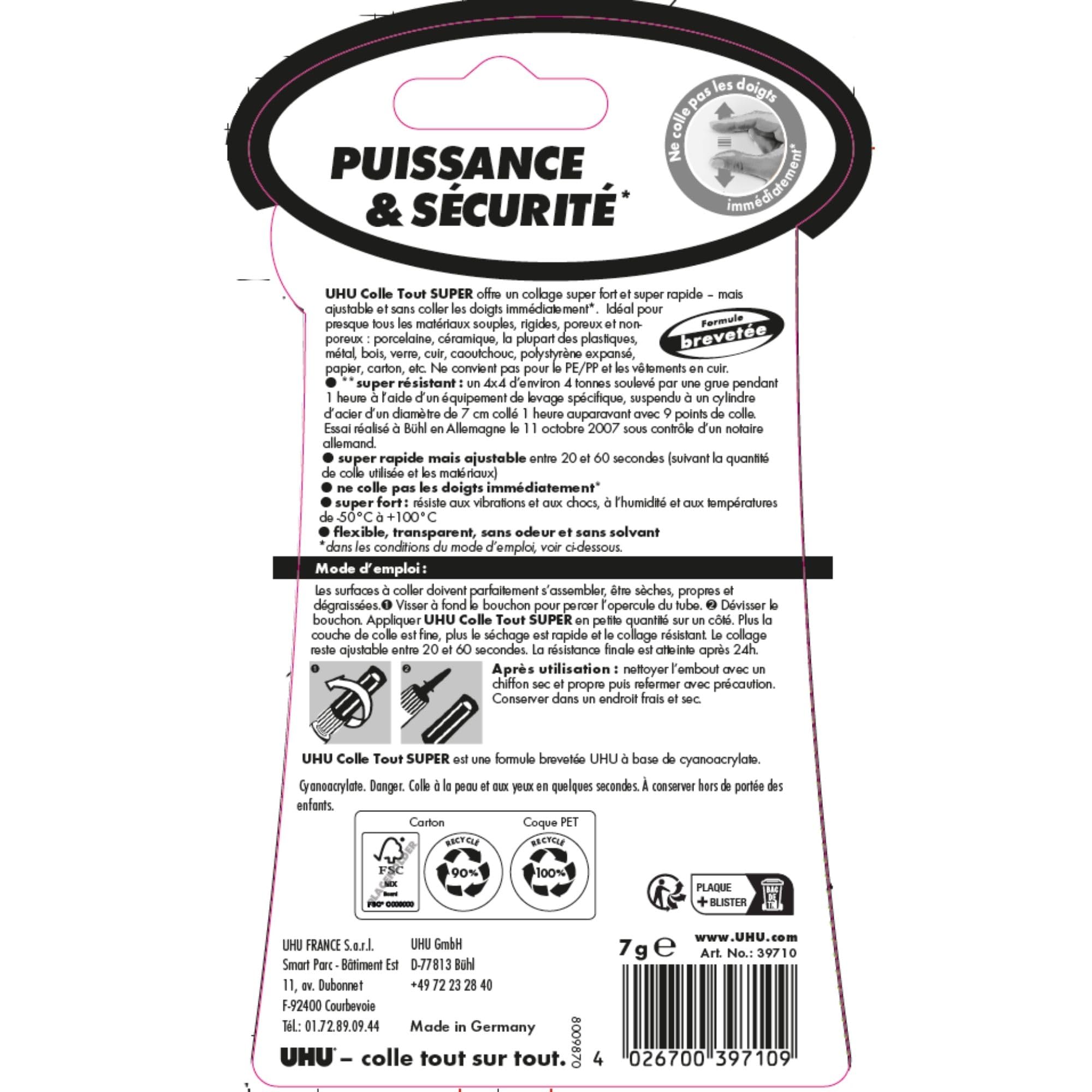 UHU Colle Tout Super Extra-Forte Universelle Tous Supports Prise Rapide Ajustable Résiste Humidité -50°C +100°C Tube 7 g