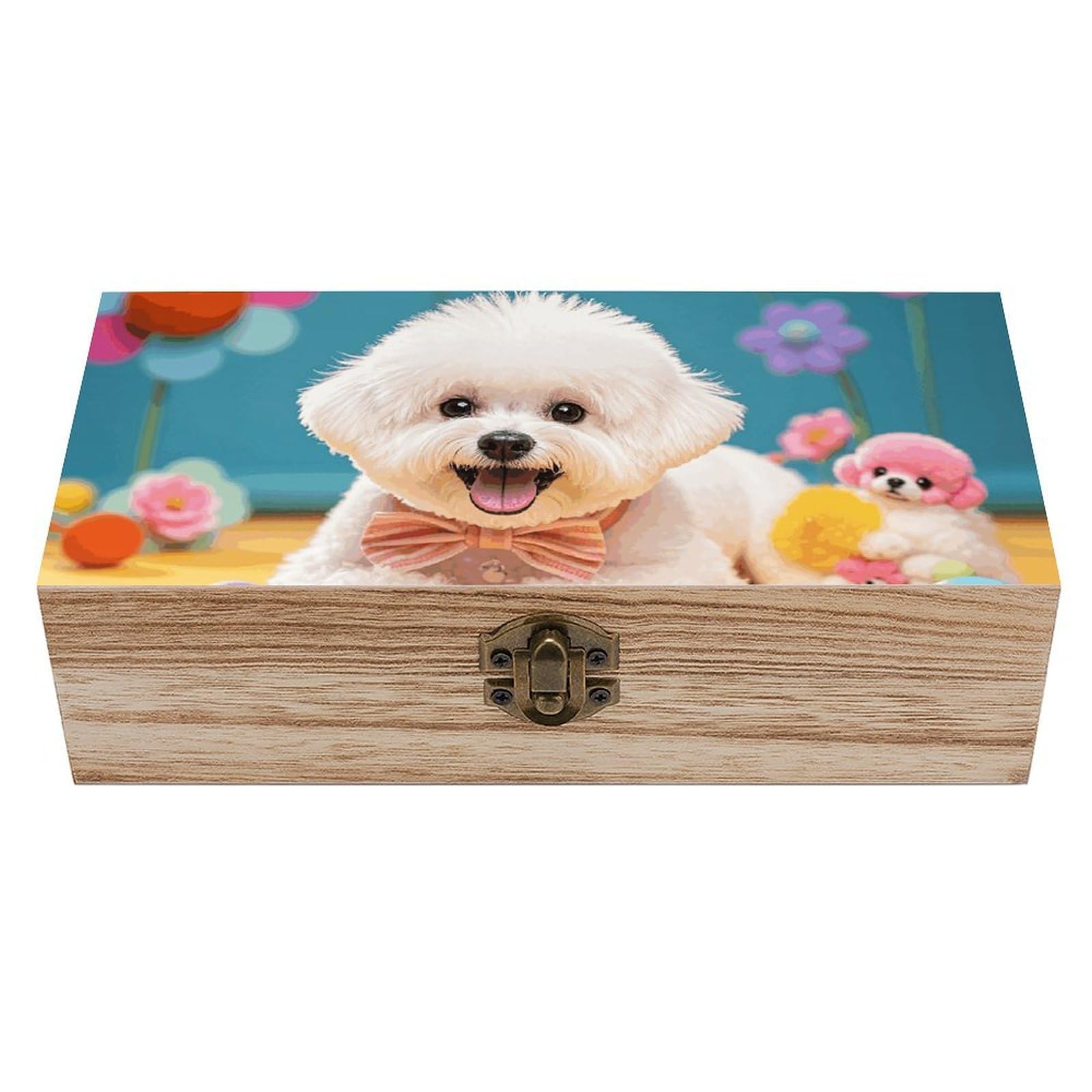 Cute Bichon Frise Dog Wooden Keepsake Box Storage Boxes with Hinged Lid