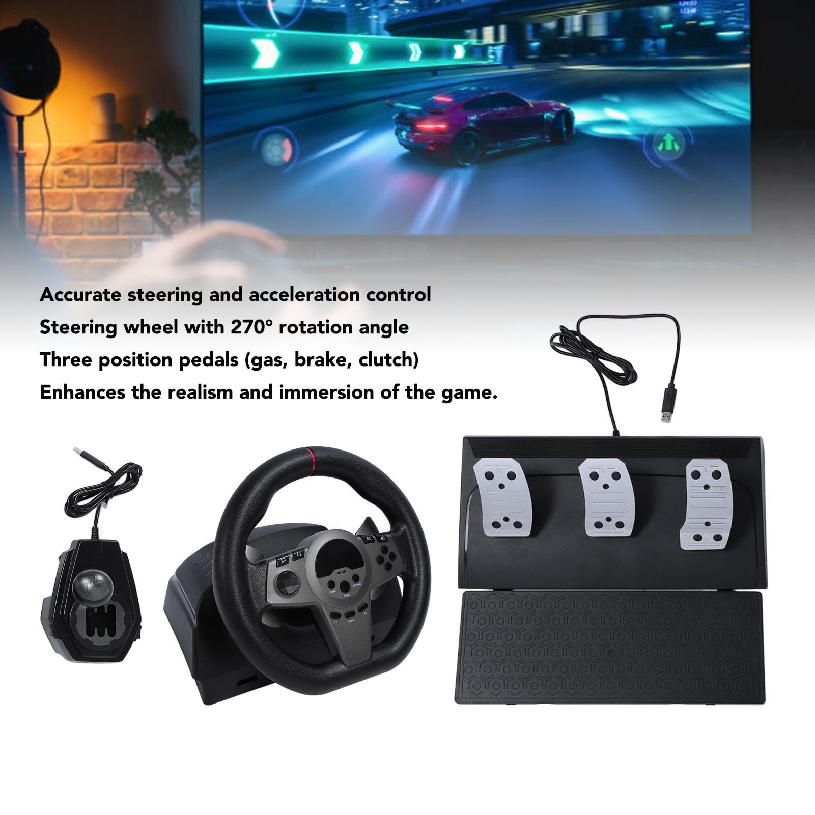 SENECESLI Volante da Corsa Gaming con Pedale del per Manovre Precise, Volante da 270 Gradi per Un'esperienza di Gioco Coinvolgente ABS Metallo