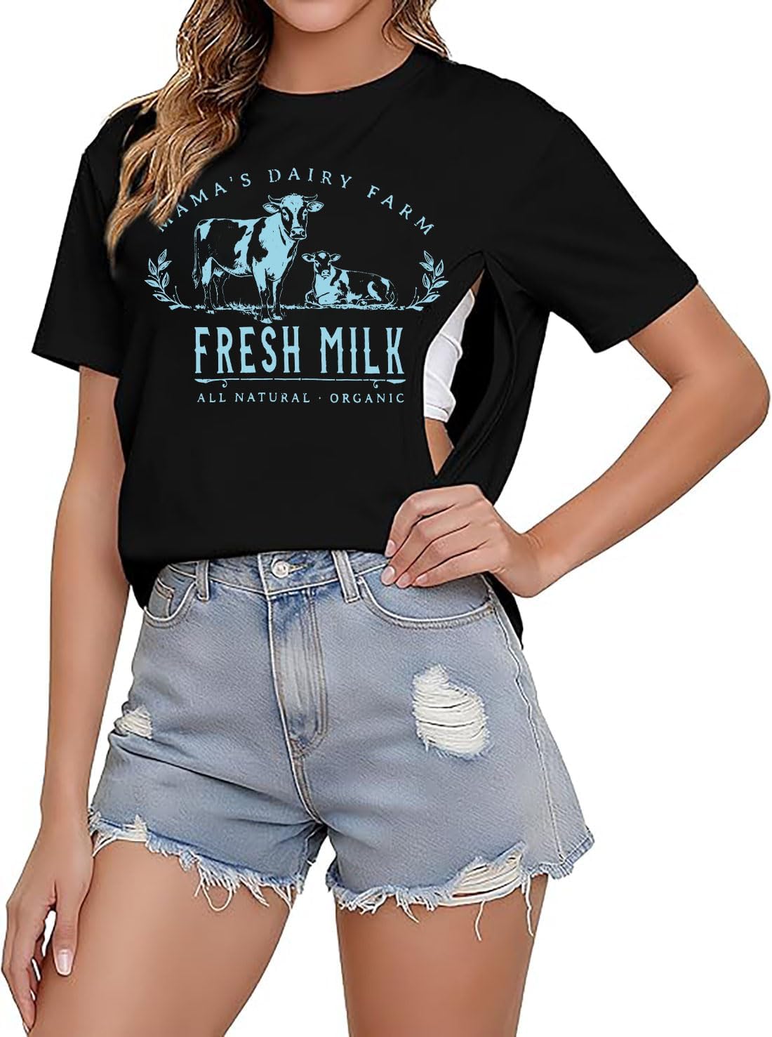 UNIQUEONE Comfort Breastfeeding Shirts for Women Zip Nursing Tops Casual Distressed Acid Washed Maternity Tees