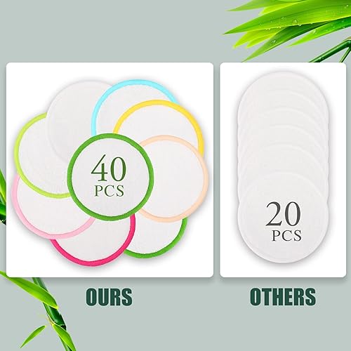 Miniatura 3 de XSEINO Almohadillas desmaquillantes reutilizables (paquete de 40) con material de fibra de bambú natural lavable, almohadilla de algodón de bambú