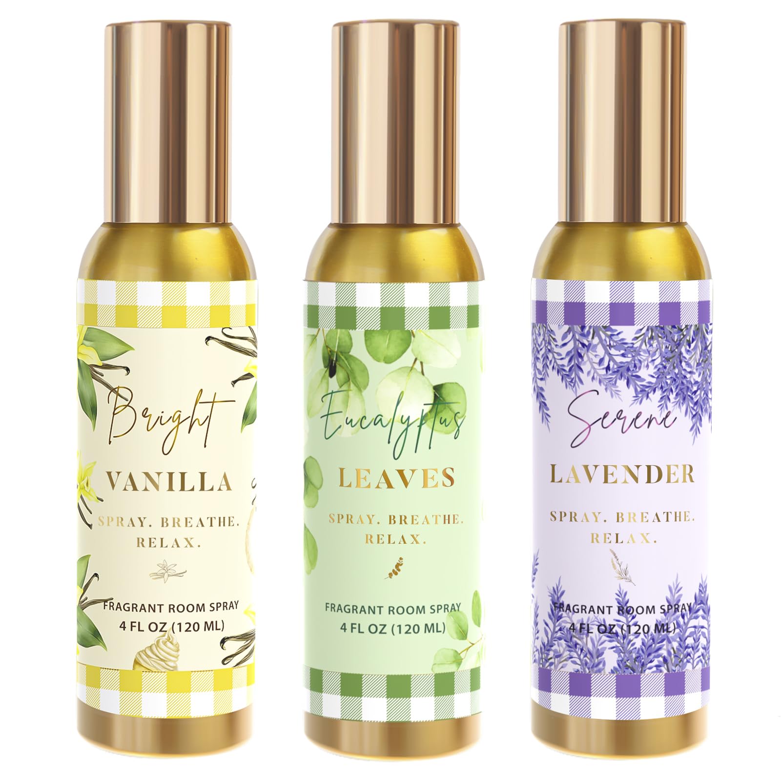 Room Spray, Bright Vanilla, Eucalyptus leaves, Serene Lavender, Each 4 oz