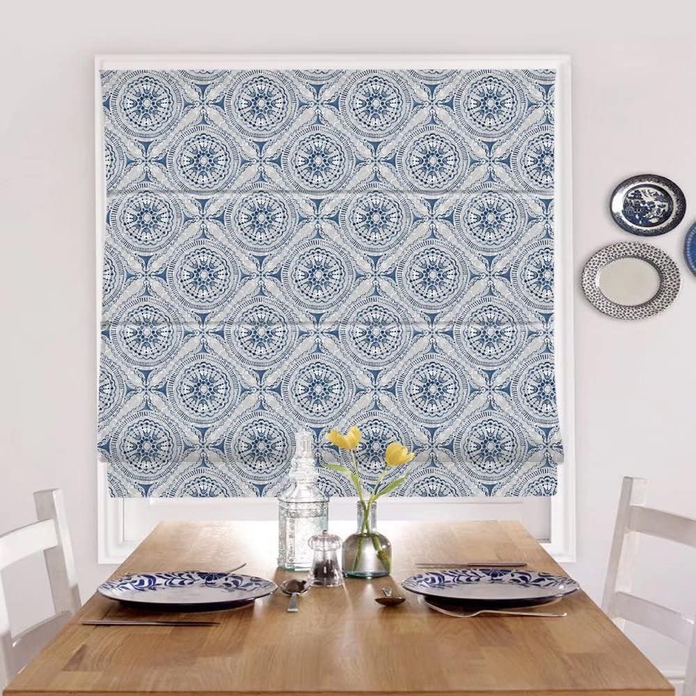 Roman Shades Window Shades,Blue Pattern Blackout Light Filtering Custom Window Roman Blinds,10percent Linen Fabric Roman Shades for Windows,French Doors,Doors,Kitchen Windows