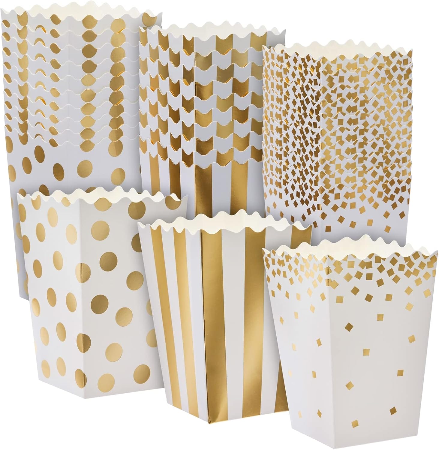 Sparkle and Bash Popcorn Containers Mini Boxes - 102 Count, Gold Foil, 3 Designs, 20 oz, 3.5 x 3.5 x 5.5 In - Popcorn Holders for Party & Wedding