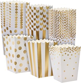 Sparkle and Bash Popcorn Containers Mini Boxes - 102 Count, Gold Foil, 3 Designs, 20 oz, 3.5 x 3.5 x 5.5 In - Popcorn Holders for Party & Wedding