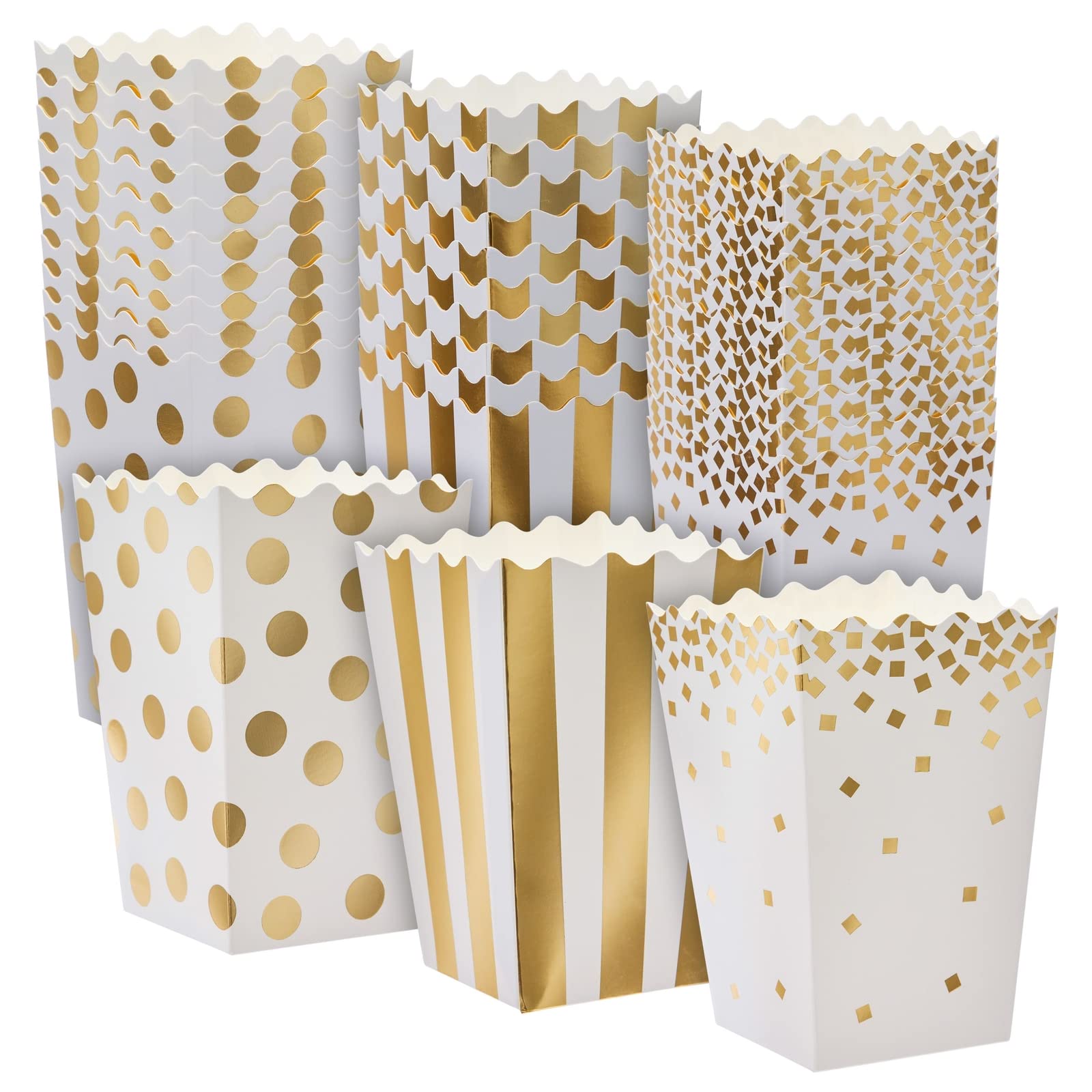 Sparkle and Bash Popcorn Containers Mini Boxes - 102 Count, Gold Foil, 3 Designs, 20 oz, 3.5 x 3.5 x 5.5 In - Popcorn Holders for Party & Wedding