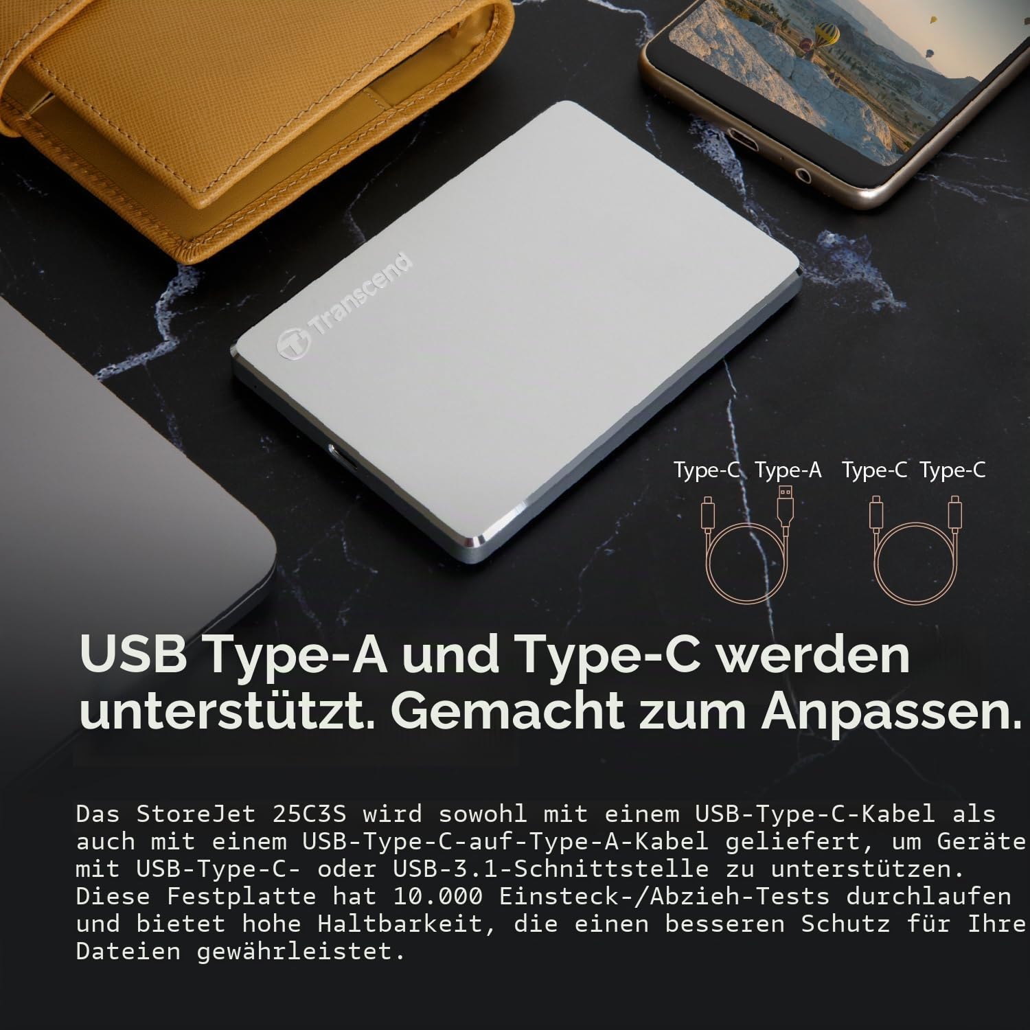 Transcend 1TB StoreJet 25C3S SJ25C3S Externe Festplatte TS1TSJ25C3S,1 TB,Type-C, USB 3.1 Gen 1