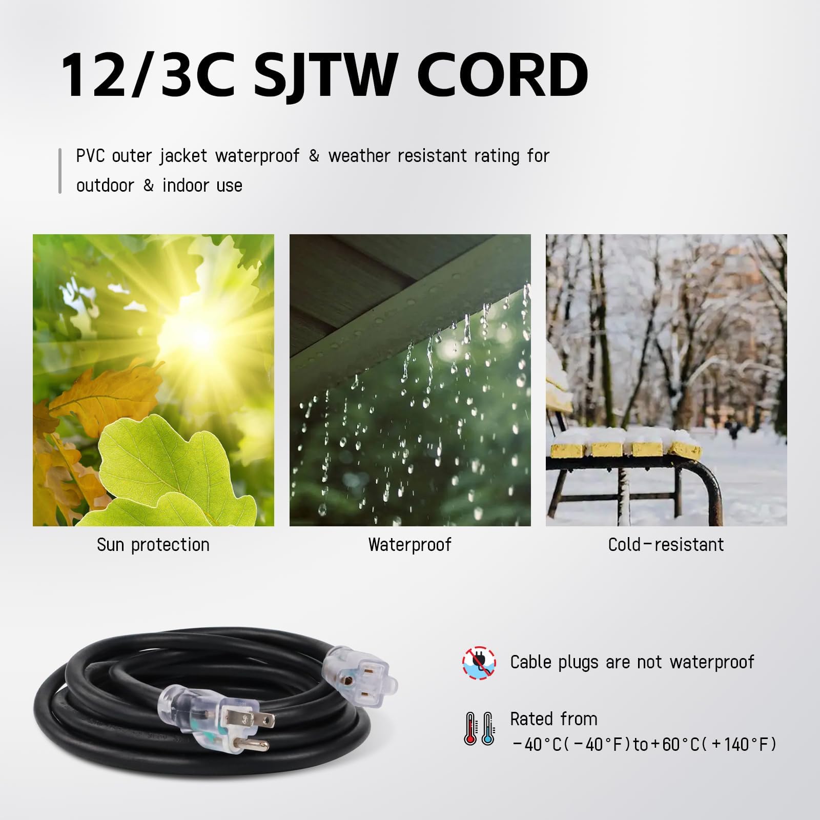 EP Cable de extensión iluminado para exteriores de 15 pies – 12/3 SJTW resistente cable de extensión negro con enchufe de 3 clavijas – Cable de alimentación para césped, jardín, electrodomésticos