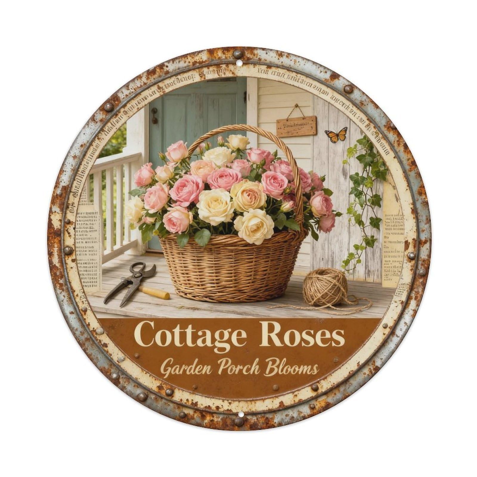 Cottage Rose Basket Metal Tin Sign Plaque