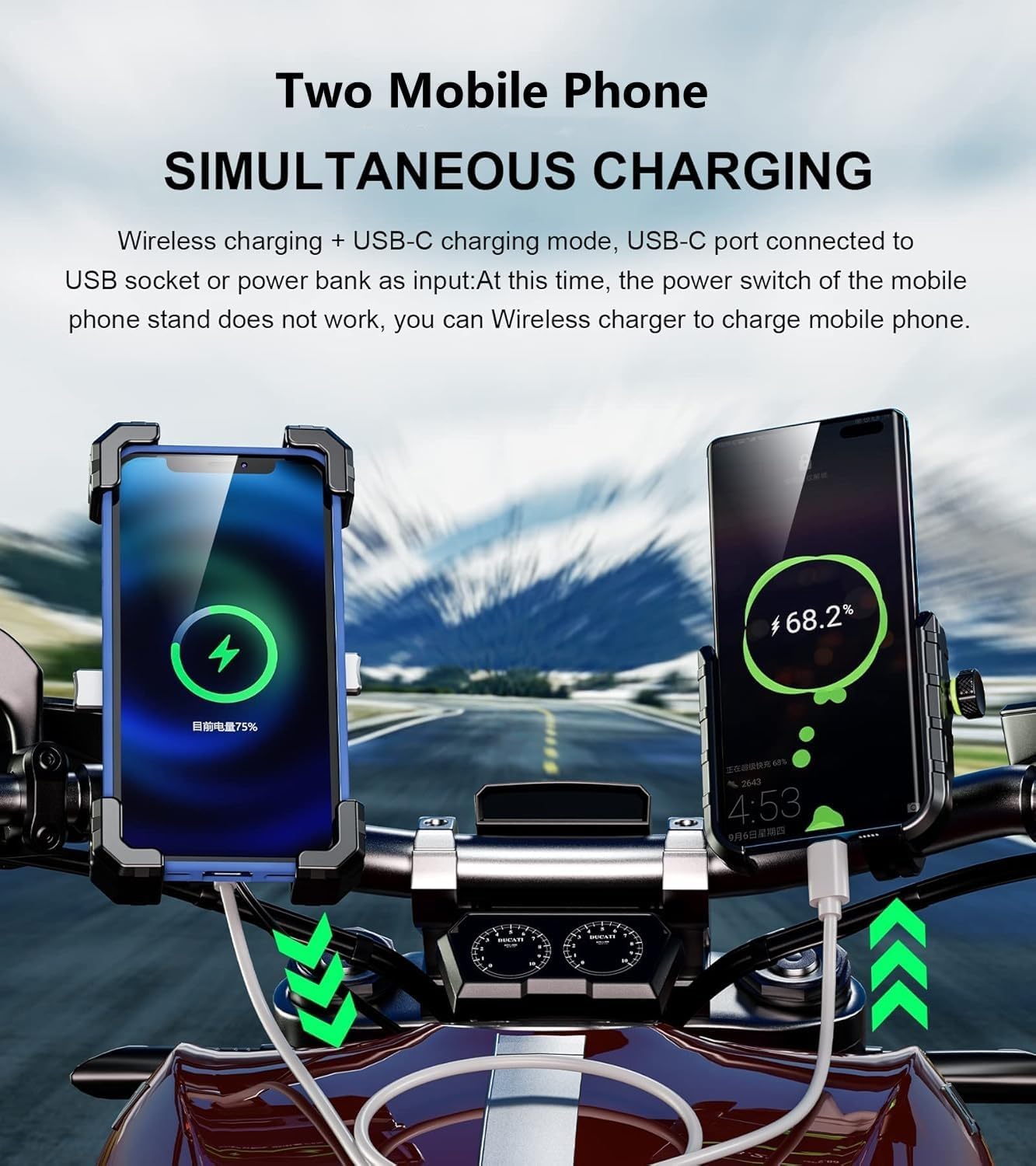 Kewig Motorcycle Phone Mount with Qi 15W Wireless Charger & USB C 20W Fast Charging Port, One-Push Automatically Lock & Quick Release Handlebar Phone Holder for 4.0-6.9" Phone