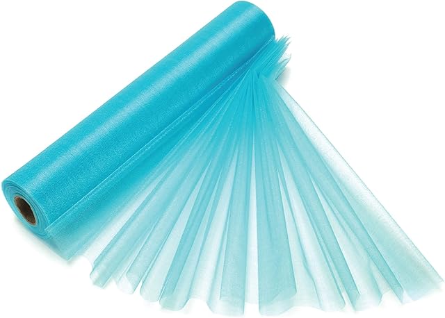 29cm x 25m Organza Roll Snow Sheer Fabric - Glitter Roll for Christmas Chair Bows, Table Runners, Dress Accents, Crafting Supplies for Ribbons, Party Favours, Aqua Blue