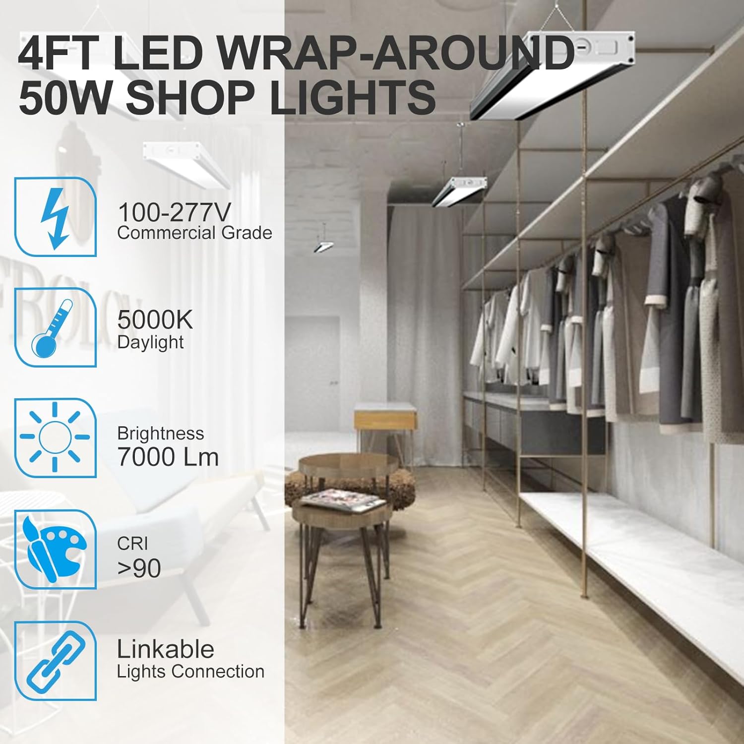 Lightdot 4FT-5IN LED Wraparound Shop Lights,100-277v Linkable,50W 4FT LED Light Fixtures for Garage Workshop Supermarket,7000LM[Eqv. 400W] 5000K Black&White, Flush and Hanging Mouting Available-4Pack