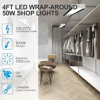 Lightdot 4FT-5IN LED Wraparound Shop Lights,100-277v Linkable,50W 4FT LED Light Fixtures for Garage Workshop Supermarket,7000LM[Eqv. 400W] 5000K Black&White, Flush and Hanging Mouting Available-4Pack