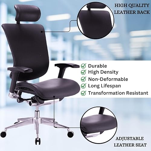 Miniatura 3 de GM Seating Dreem Silla ergonómica de oficina de cuero genuino, soporte lumbar, silla ejecutiva moderna para el hogar y la oficina, cómoda silla de