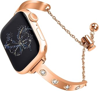 Stainless Steel Band Compatible with Apple Watch 38mm 40mm 41mm 42mm 44mm 45mm 46mm 49mm Pretty Luxury Strap with Sparkle Diamond, Dressy iWatch Bracelet, Bling Thin Band for Women