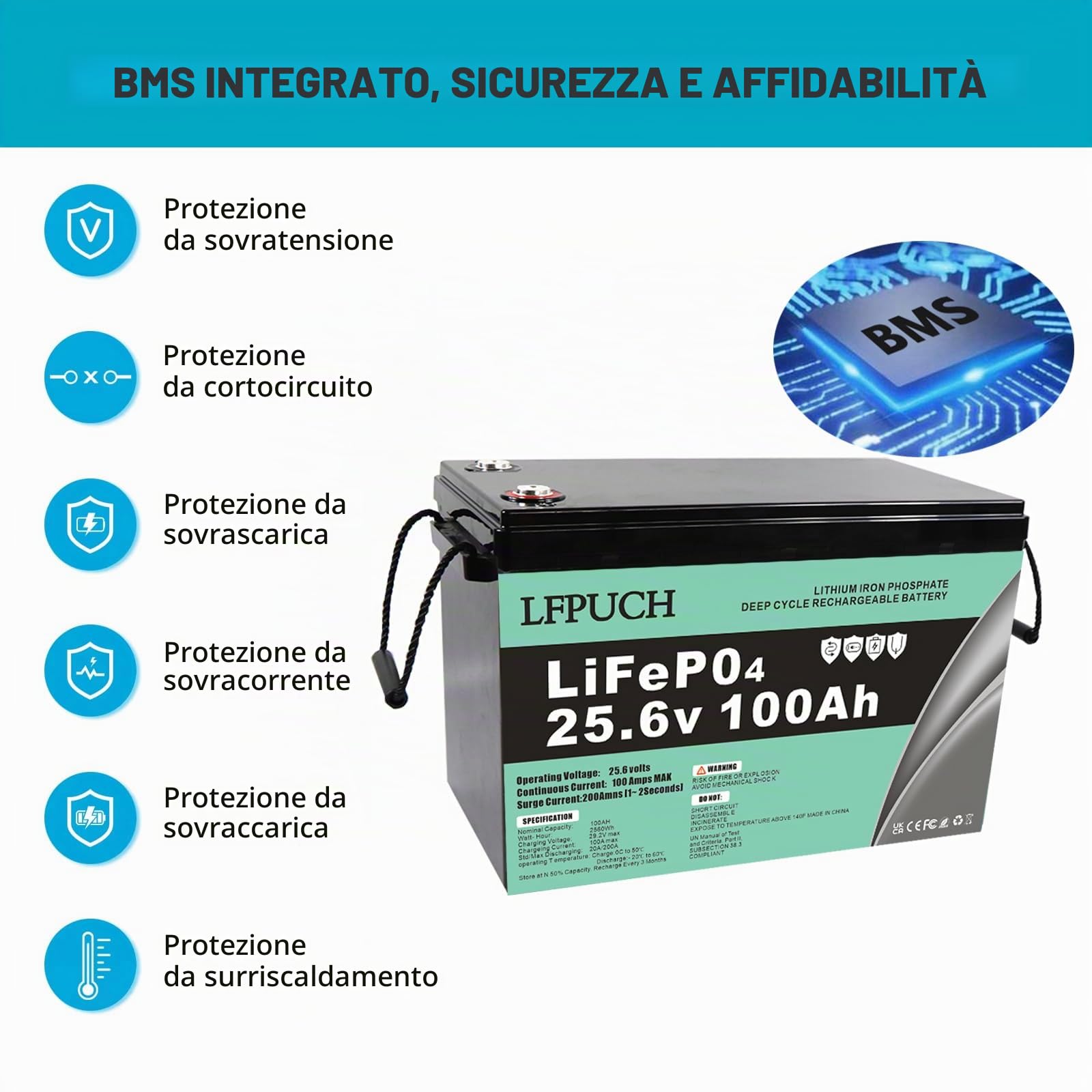 Leisure Batteria，Batteria LiFePO4 24V 100Ah, batteria al litio ferro fosfato invece della batteria AGM per auto o batteria a ciclo profondo, adatto per impianti fotovoltaici, campeggio, ecc.