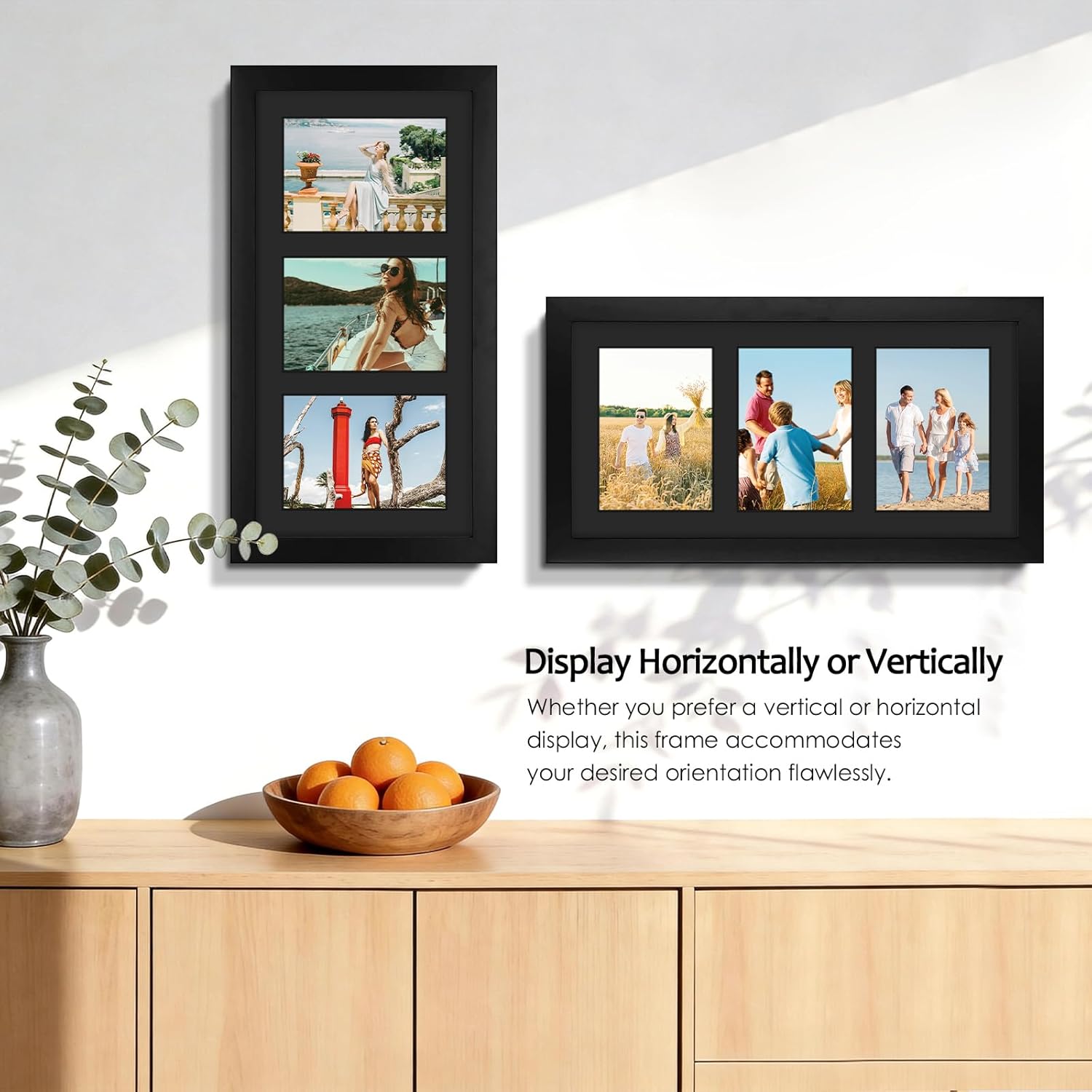 Golden State Art, 9x18 Black Wood Frame - Black Mat for Three 5x7 Pictures - Sawtooth Hangers- Swivel Tabs - Wall Mounting - Landscape/Portrait - Real Glass - Collage Frame