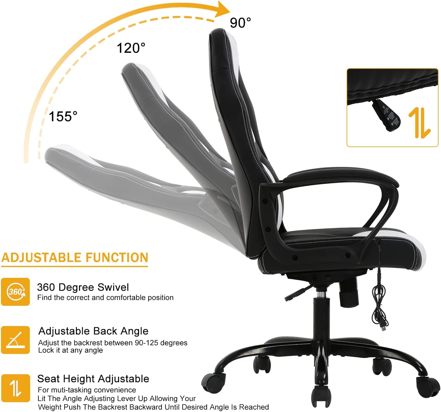 Gaming Chair Ergonomic Office Chair, High Back Racing Desk Chair with Lumbar Support Armrest, Adjustable Massage Reclining Computer Chair PU Leather Executive Task Rolling Swivel Chair for Adults