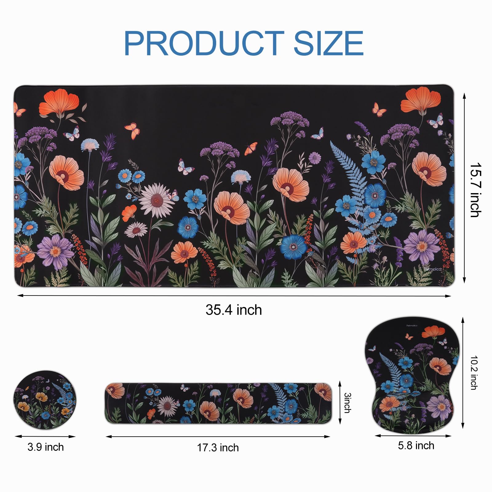 Petmolico Grand repose-poignet pour clavier 4 en 1 - Support de poignet pour ordinateur - Design ergonomique - Motif floral noir, orange et bleu