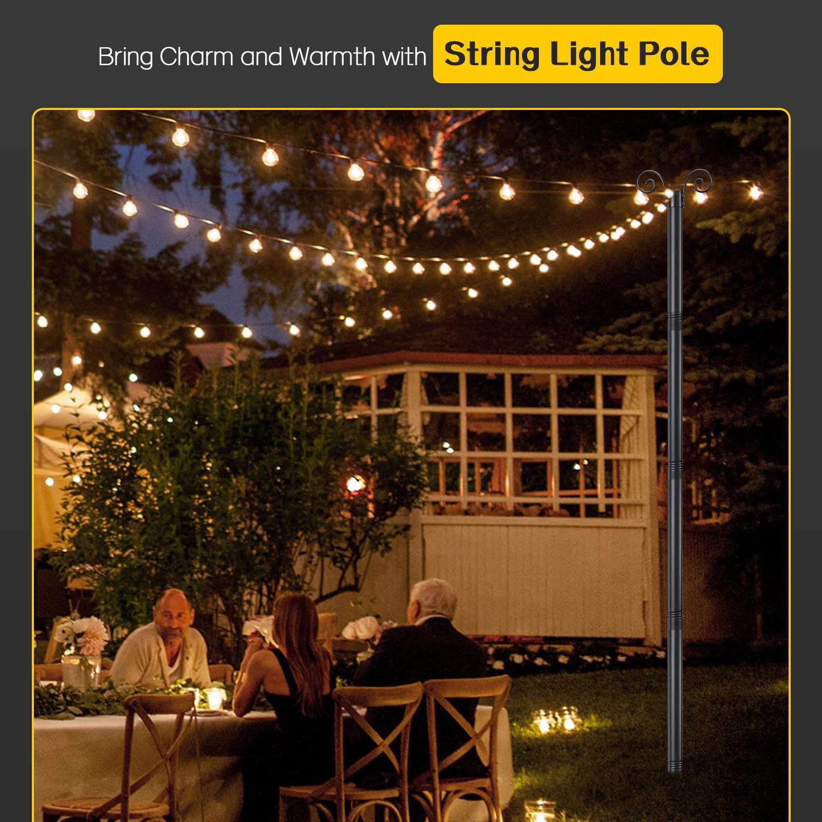 Schäferhaken für Beleuchtungen, Lichterkette Stangen Außen Schwarz, 38mm Robuste Stangen für Außenlichterkette, Metall Lichterkettenmast für Terrasse Hof Garten Hochzeit Party, 10FT(3m)