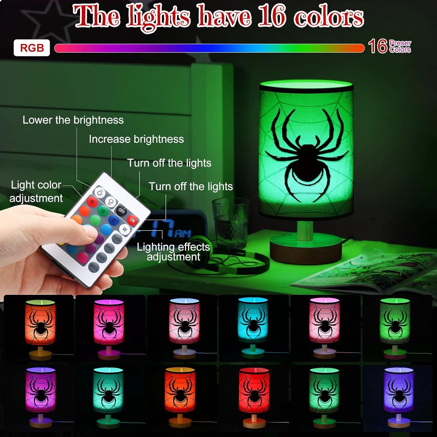 Glooglitter Spider Table Lamp for Christmas Gifts, 16 Color Dimmable LED Night Light, 5.12 x 9.72 Inches, Night Light Bedside Lamps Decoration Suitable for Bedroom Desk Home Decor, Birthday Gifts