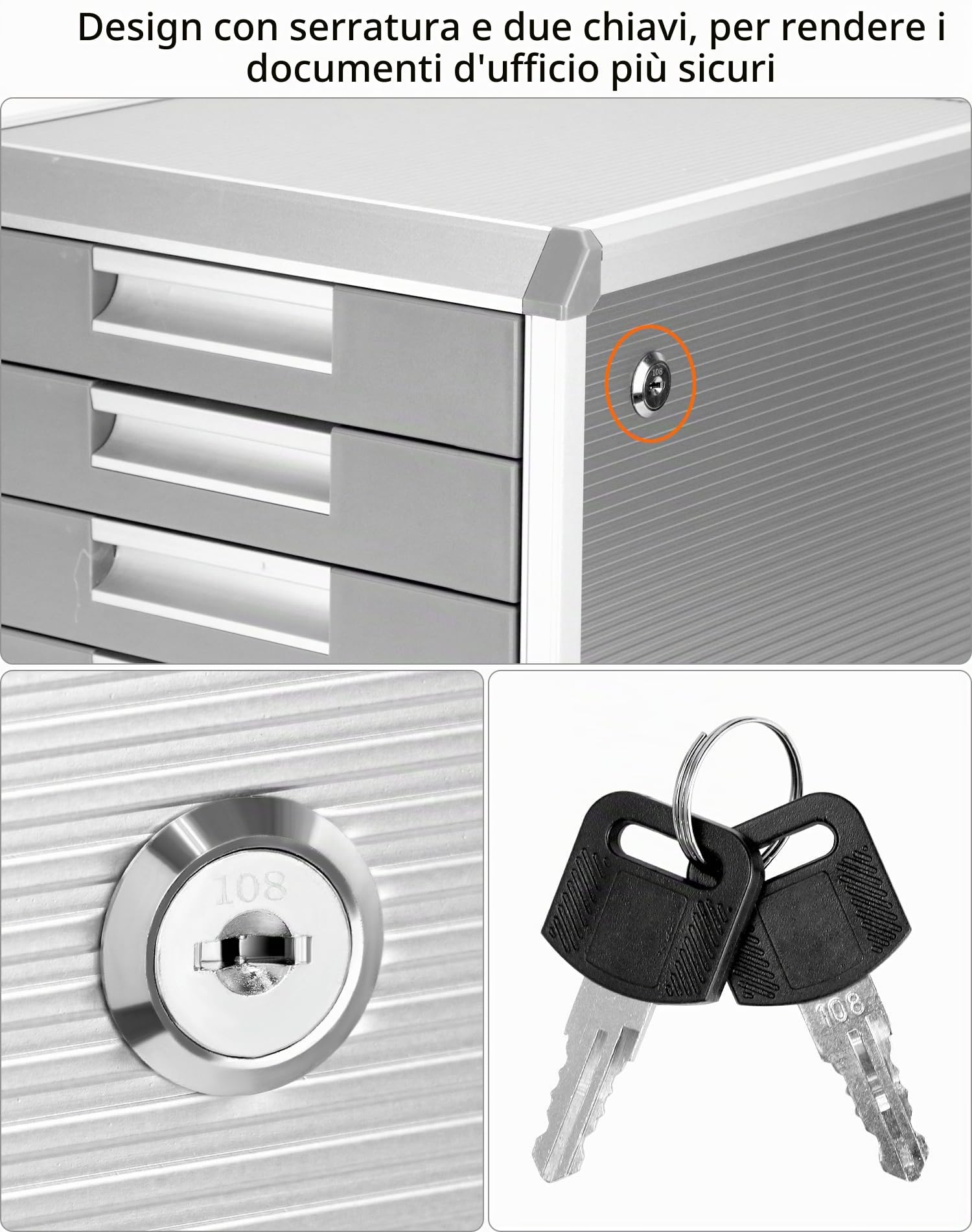 QWORK® Cassettiera A4, 5 scomparti, cassettiera porta documenti con serratura, lega di alluminio, argento