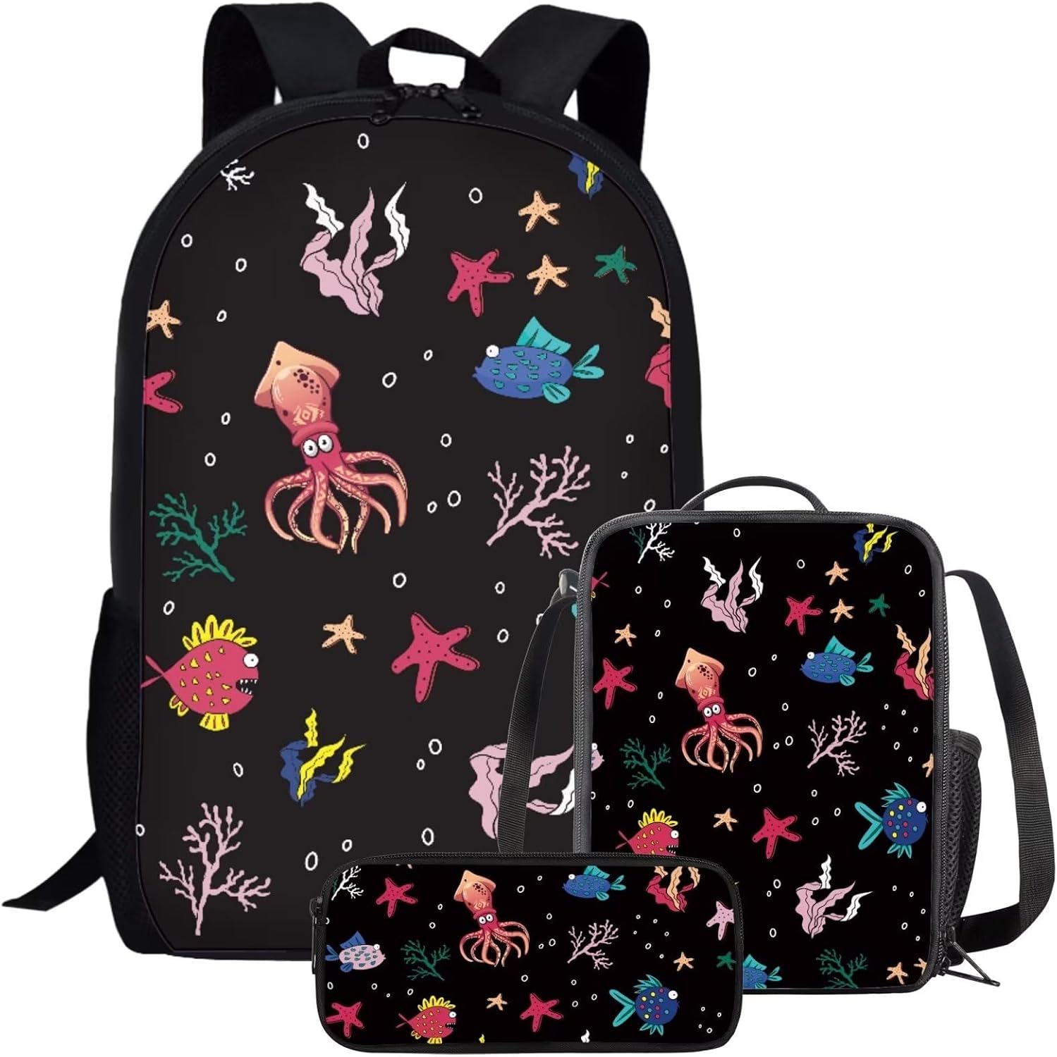 Cute Kids School Backpacks & Lunch Boxes Lightweight Durable Large Capacity Black Funny Sea Fish Squid Backpack Set for Boys Girls Adjustable Straps Breathable 17 Inch Bookbag with Pencil Case