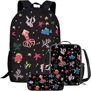 Cute Kids School Backpacks & Lunch Boxes Lightweight Durable Large Capacity Black Funny Sea Fish Squid Backpack Set for Boys Girls Adjustable Straps Breathable 17 Inch Bookbag with Pencil Case