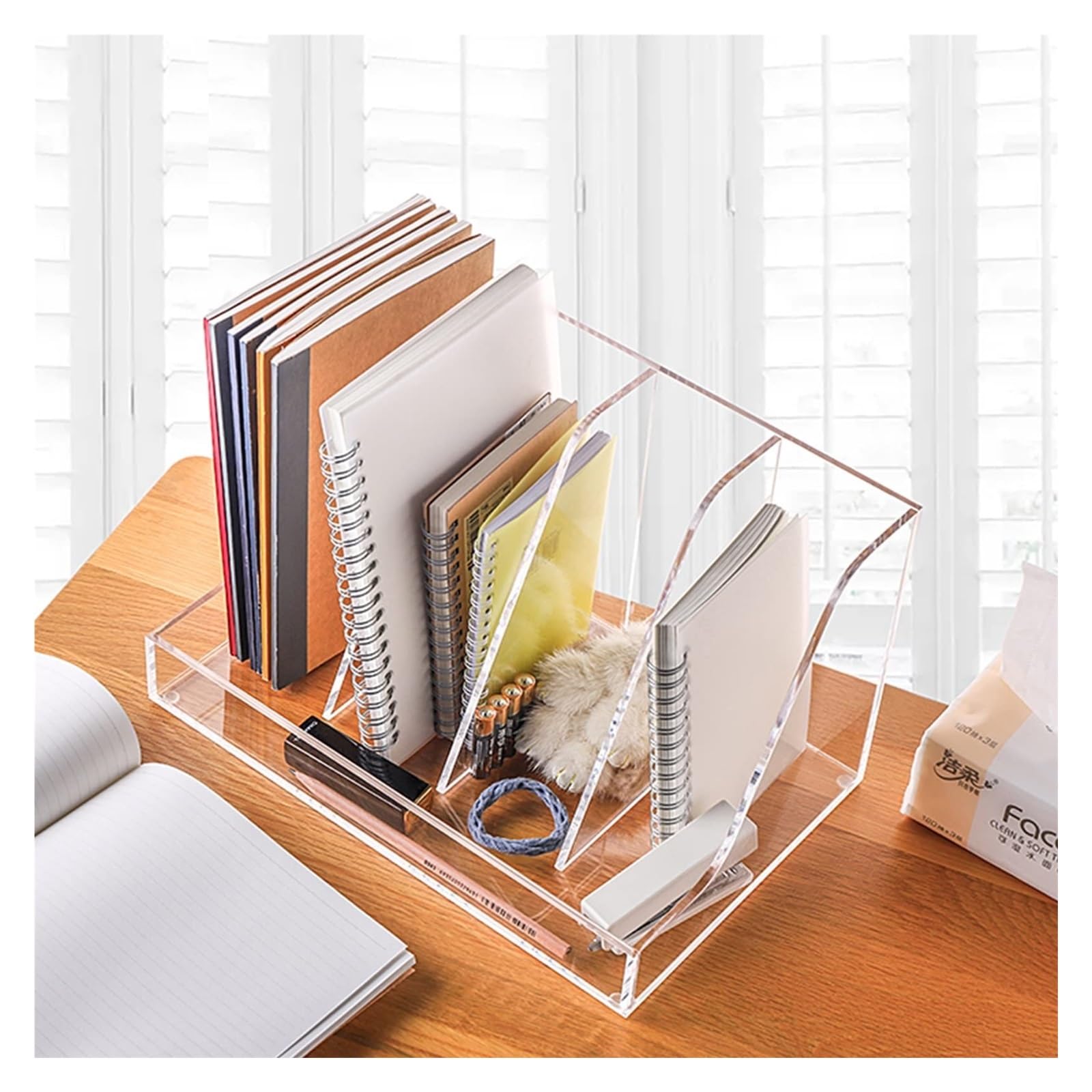 Organizador de escritorio de acrílico transparente con 3 secciones, estantería transparente para oficina, aula, aprendizaje (30,6 x 20,1 x 18,5 cm)