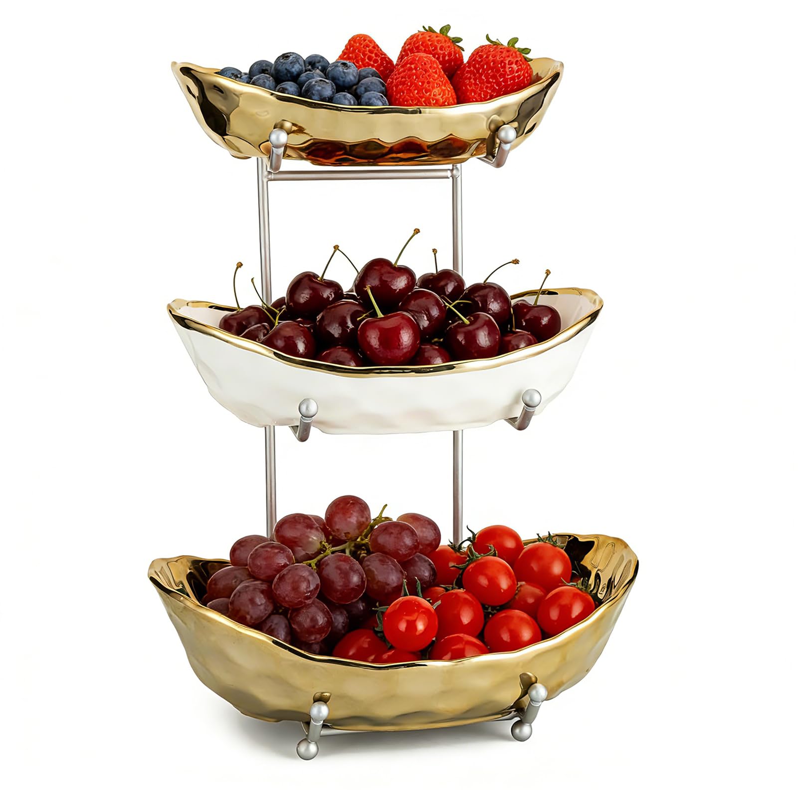 YYW Fruit Bowl for Kitchen Counter, 3 Tier Ceramic Serving Bowls with Metal Stand, Tiered Fruit Basket for Fruit Vegetable Storage, Snack, Bread Candy, Nuts, Cake, Dessert (Gold)