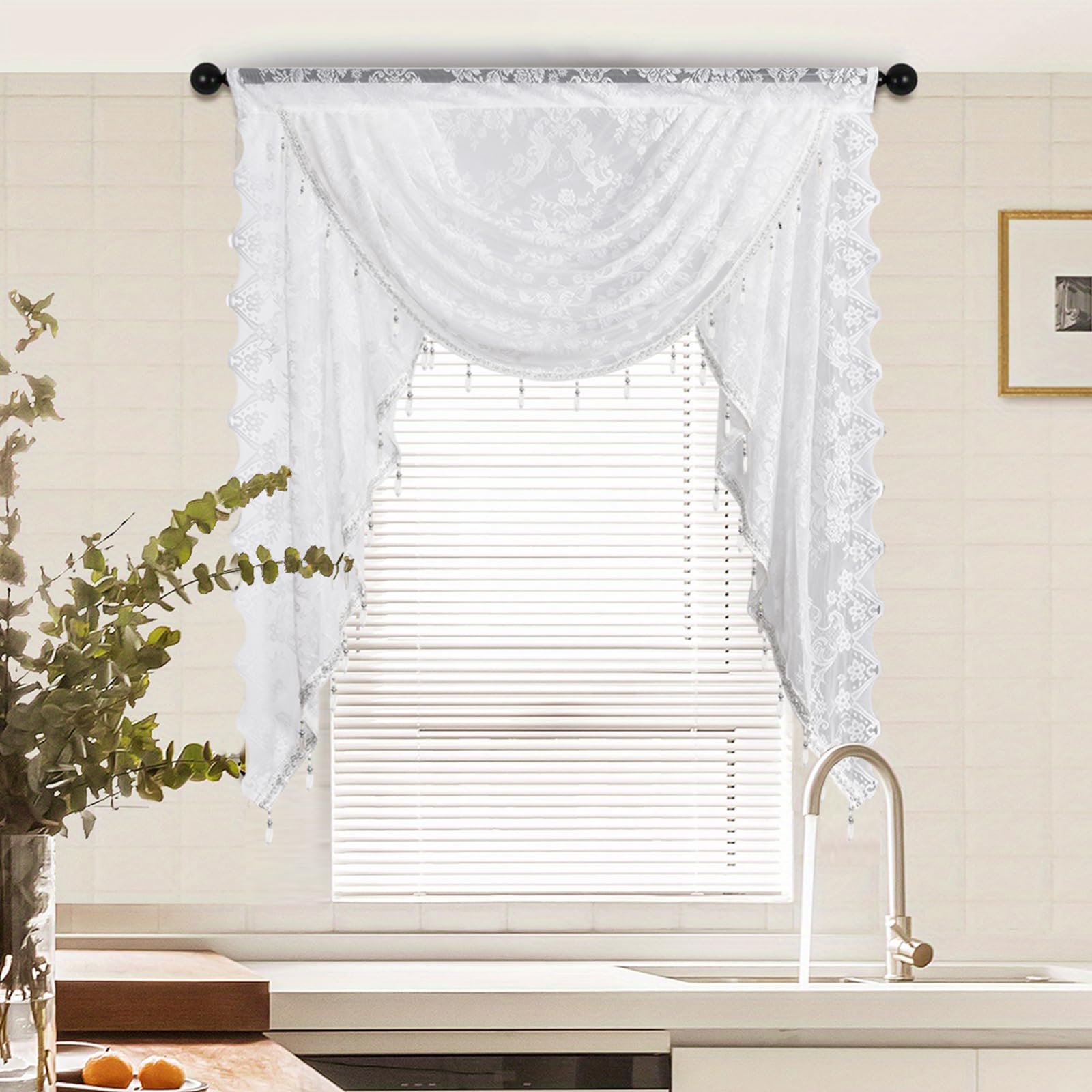 Lace Swag Valance Curtain 1 Panel Semi Sheer Voile Swags for Kitchen Cafe