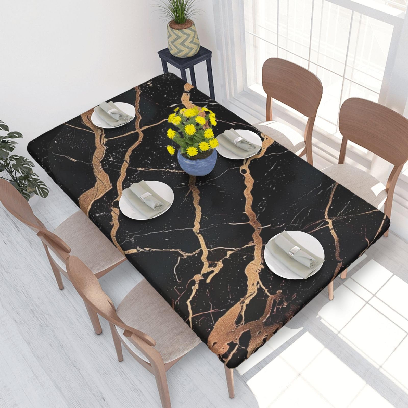 WPKJU Black Gold Marble Printed Tablecloths 4ft Rectangular Table Covers Washable Polyester Decorative Table Cloth for Dining Table Picnic Wedding