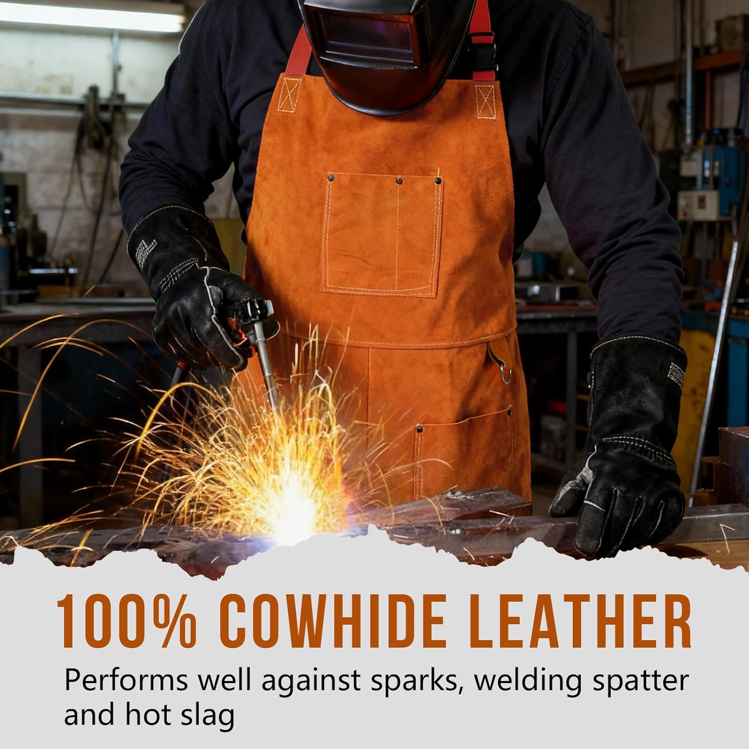 ETERNA Leather Welding Apron for Men & Women, Heat & Flame Resistant Cowhide Work Apron with Adjustable Strap,4 Tool Pockets