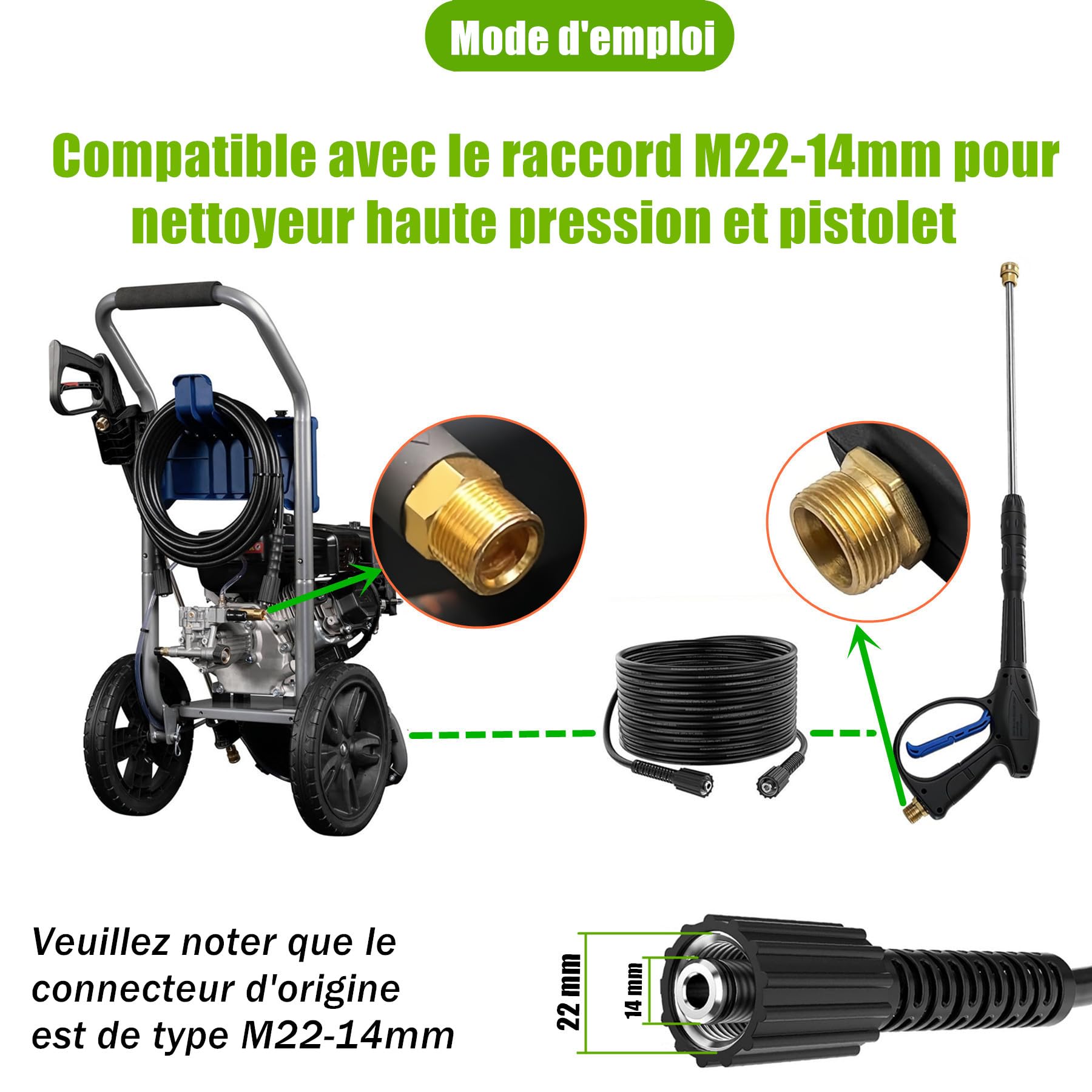 StoneBanks Tuyau d'extension pour Nettoyeur Haute Pression 10m, 2600 PSI M22-14 Femelle Flexible Tuyau de Rechange Haute Pression avec M22 Fileté Mâle Remplacement Connecteur pour Standard M22 HD
