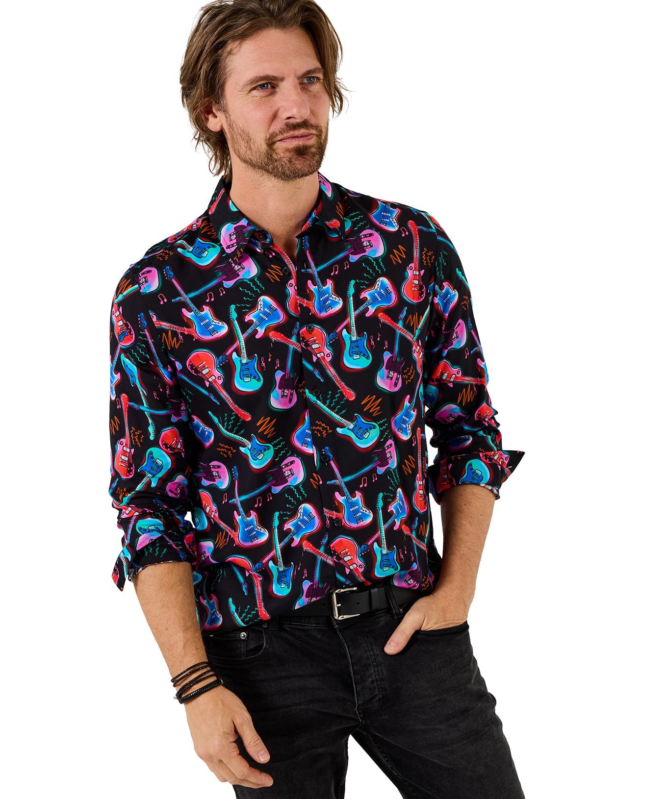 Joe Browns Men's Multi Neon Guitar Print Long Sleeve Shirt, Regular, Uk L