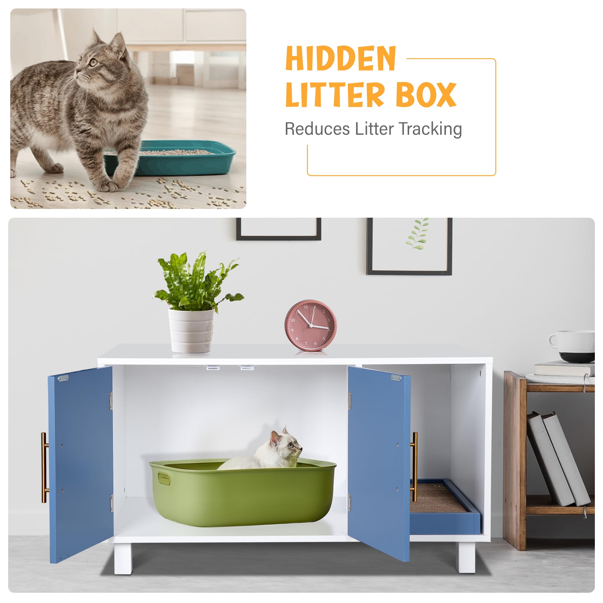 ZENY Modern Cat Litter Box & House, Wood Cat Enclosure with Scratch Pad, Side Table, Hidden Washroom Furniture, White - image 3